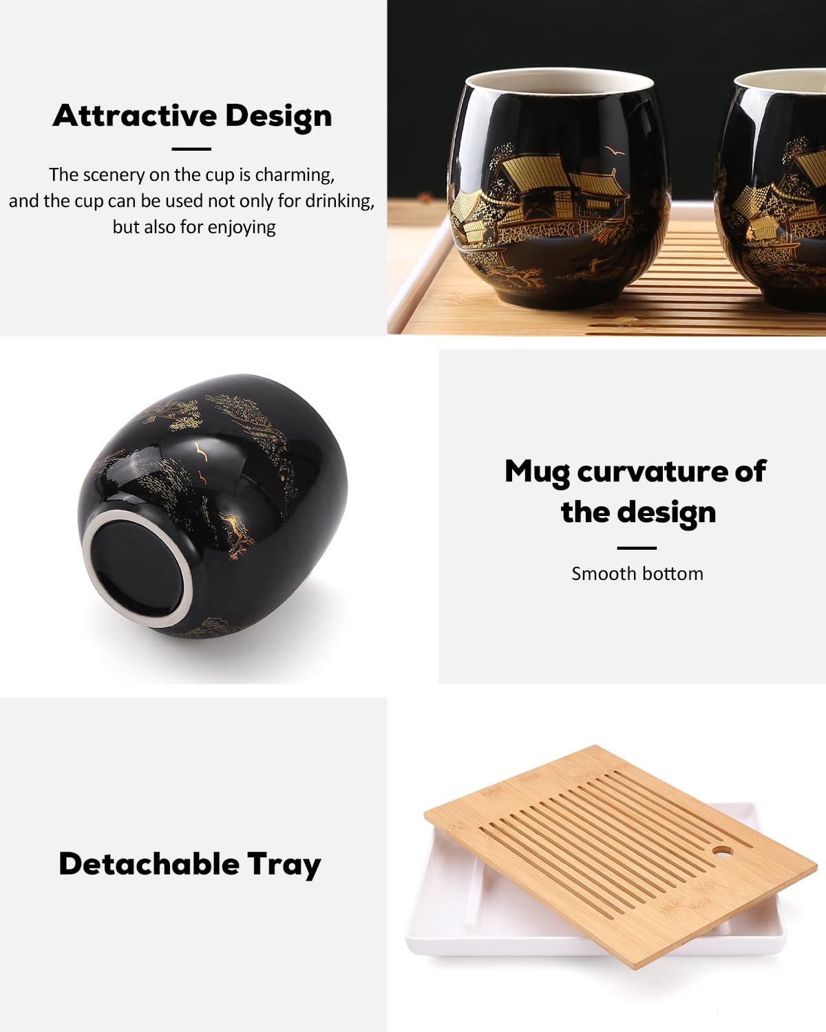 Dujust Japanese Tea Set, Black Porcelain Tea Set
