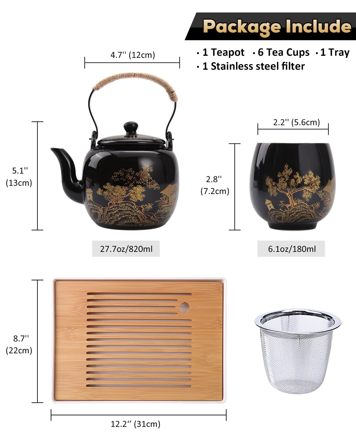 Dujust Japanese Tea Set, Black Porcelain Tea Set