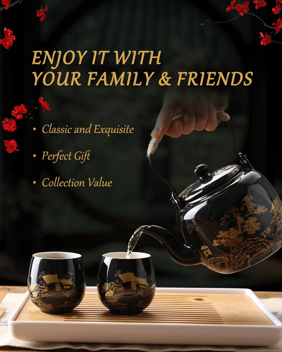 Dujust Japanese Tea Set, Black Porcelain Tea Set
