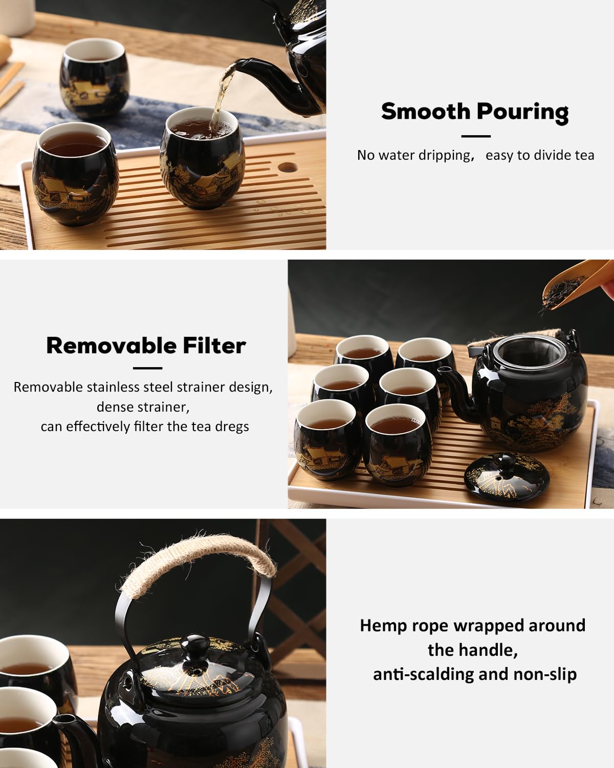 Dujust Japanese Tea Set, Black Porcelain Tea Set
